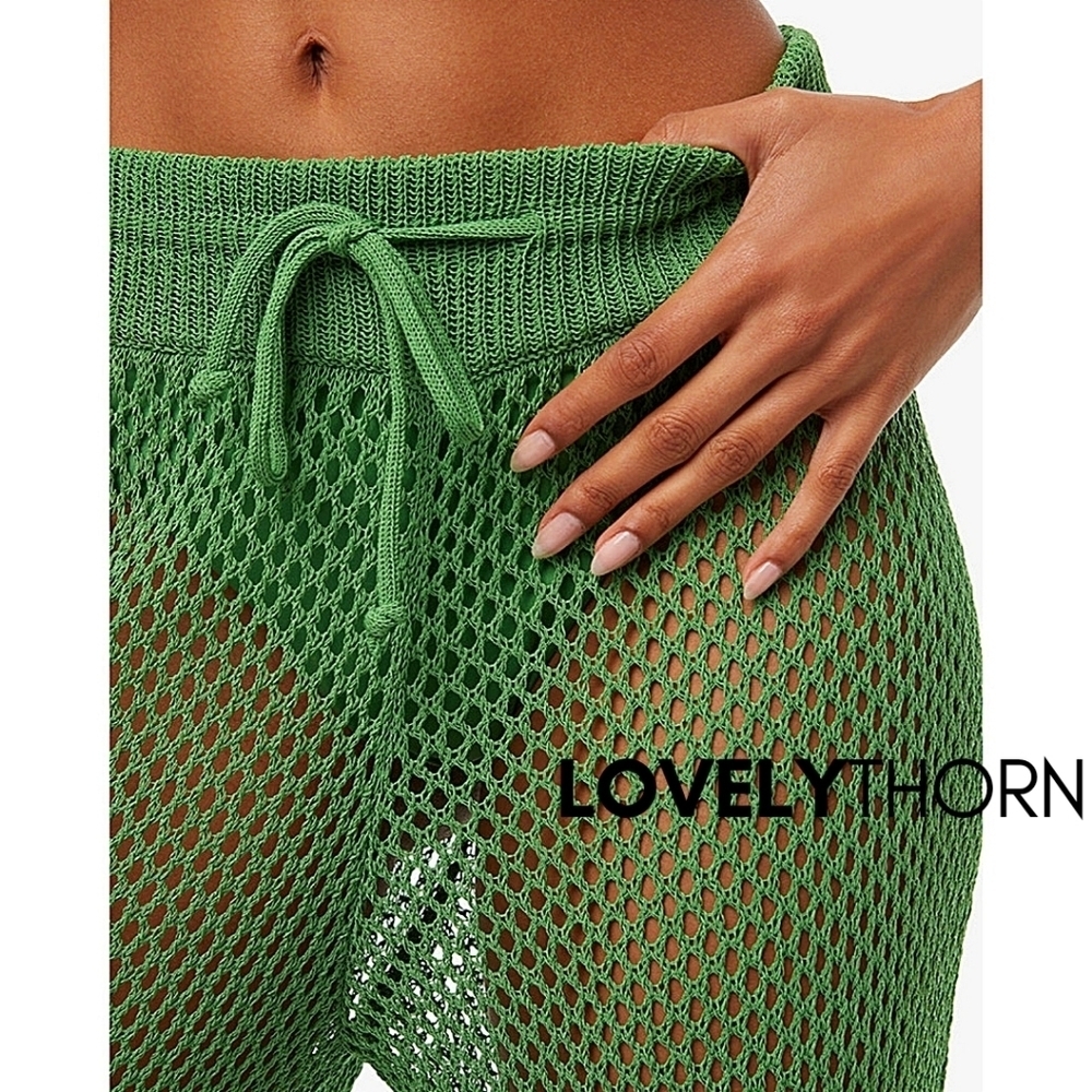 WE WORE WHAT // green crochet drawcord cover-up wide leg Danielle Bernstein - Picture 2 of 10